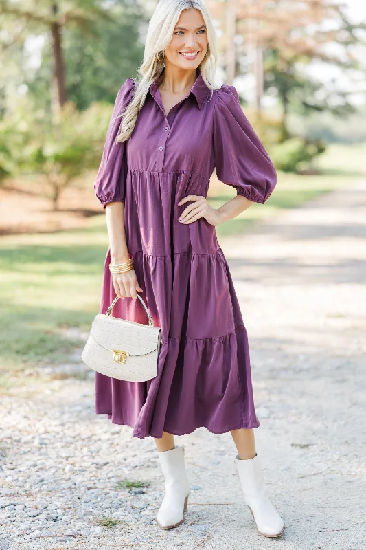 Midi dresses with mesh inserts for a trendy and breathable option Love Found Plum Purple Tiered Midi Dress Midi dresses with mesh inserts for a trendy and breathable option Love Found Plum Purple Tiered Midi Dress