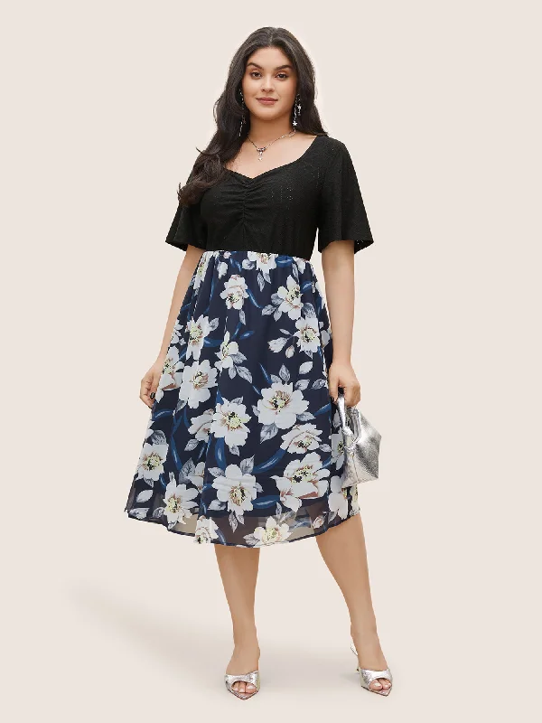 Midi dresses with puff sleeves for a vintage - inspired look Chiffon Floral Patchwork Ruched Hollow Out Dress Midi dresses with puff sleeves for a vintage - inspired look Chiffon Floral Patchwork Ruched Hollow Out Dress