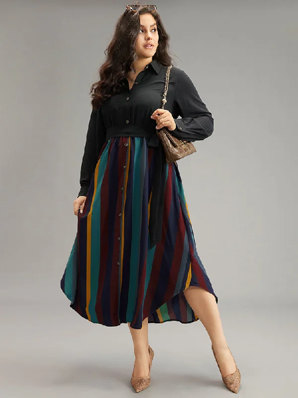 Midi dresses with ruffled hems for a romantic date night Colour Striped Patchwork Belted Button Through Dress Midi dresses with ruffled hems for a romantic date night Colour Striped Patchwork Belted Button Through Dress