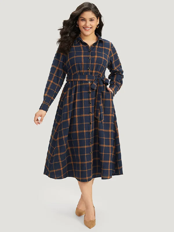Midi dresses with side slits for a sexy and elegant appearance Plaid Shirt Collar Button Fly Belted Dress Midi dresses with side slits for a sexy and elegant appearance Plaid Shirt Collar Button Fly Belted Dress