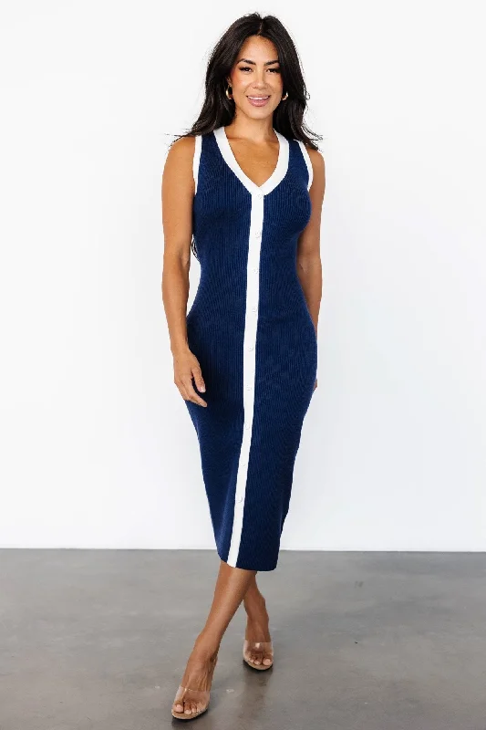 Midi dresses with fringe details for a fun and energetic style Coley Ribbed Button Dress | Navy + Off White Midi dresses with fringe details for a fun and energetic style Coley Ribbed Button Dress | Navy + Off White