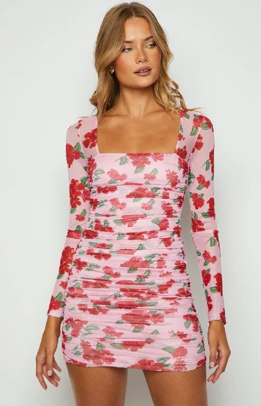 Mini dresses with wrap - around styles Estee Pink Print Long Sleeve Mesh Mini Party Dress Mini dresses with wrap - around styles Estee Pink Print Long Sleeve Mesh Mini Party Dress