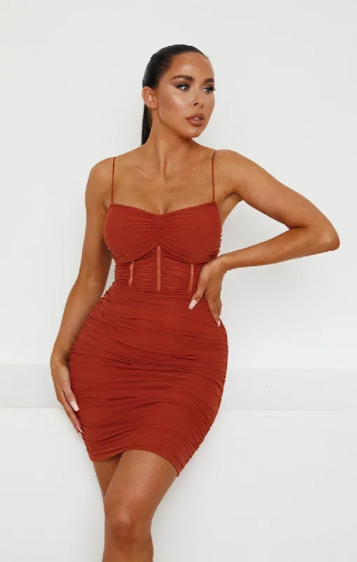 Mini dresses with criss - cross backs for a flirty look Rust Mesh Ruched Sheer Panel Strappy Bodycon Mini Dress - Hester Mini dresses with criss - cross backs for a flirty look Rust Mesh Ruched Sheer Panel Strappy Bodycon Mini Dress - Hester