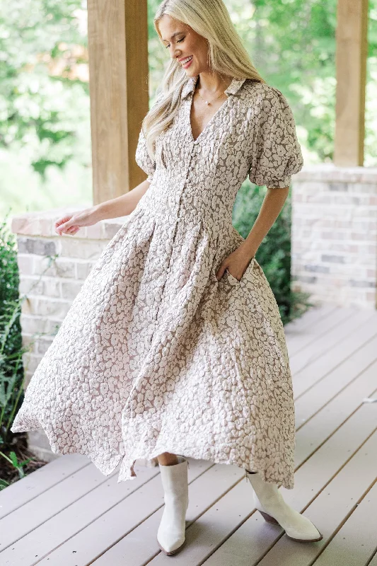 Midi dresses with button - front designs for a classic touch All Going To Plan Taupe Floral Brocade Midi Dress Midi dresses with button - front designs for a classic touch All Going To Plan Taupe Floral Brocade Midi Dress