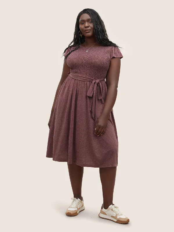 Midi dresses with sheer panels for a touch of allure Supersoft Essentials Shirred Ruffle Cap Sleeve Dress Midi dresses with sheer panels for a touch of allure Supersoft Essentials Shirred Ruffle Cap Sleeve Dress