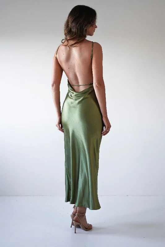 Sheath midi dresses with beaded embellishments for a formal occasion Bayleigh Soft Satin Maxi Dress | Olive Sheath midi dresses with beaded embellishments for a formal occasion Bayleigh Soft Satin Maxi Dress | Olive