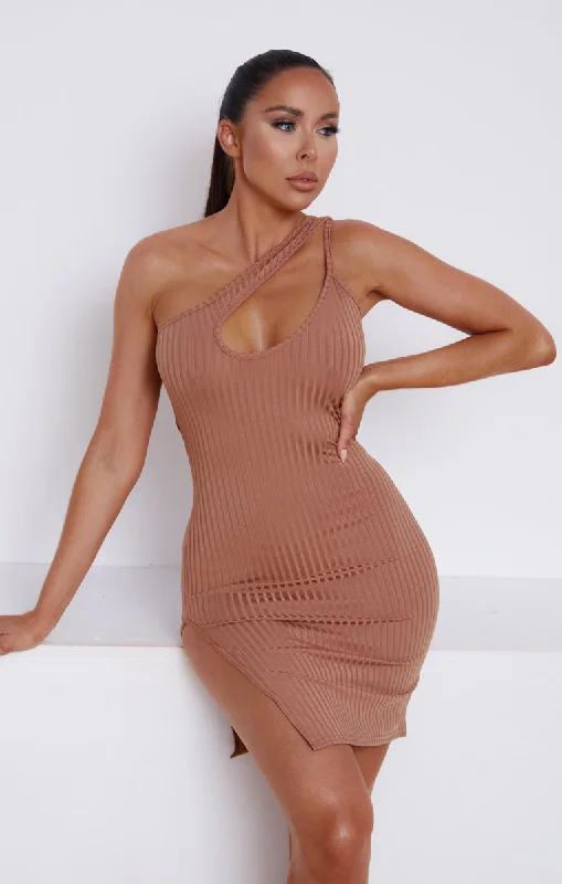 Mini dresses with high - low hems for a modern twist Taupe Ribbed One Shoulder Cut Out Bodycon Mini Dress - Lucia Mini dresses with high - low hems for a modern twist Taupe Ribbed One Shoulder Cut Out Bodycon Mini Dress - Lucia