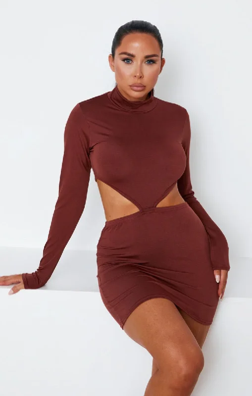 Mini dresses with button - down fronts Brown High Neck Long Sleeve Cut Out Side Bodycon Mini Dress - Saanvi Mini dresses with button - down fronts Brown High Neck Long Sleeve Cut Out Side Bodycon Mini Dress - Saanvi