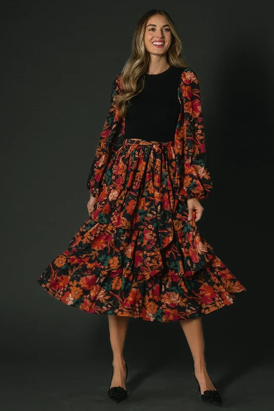 Midi dresses with pleated bodices for a classic and tailored look Sylvie Tiered Midi Dress | Black Multi Midi dresses with pleated bodices for a classic and tailored look Sylvie Tiered Midi Dress | Black Multi