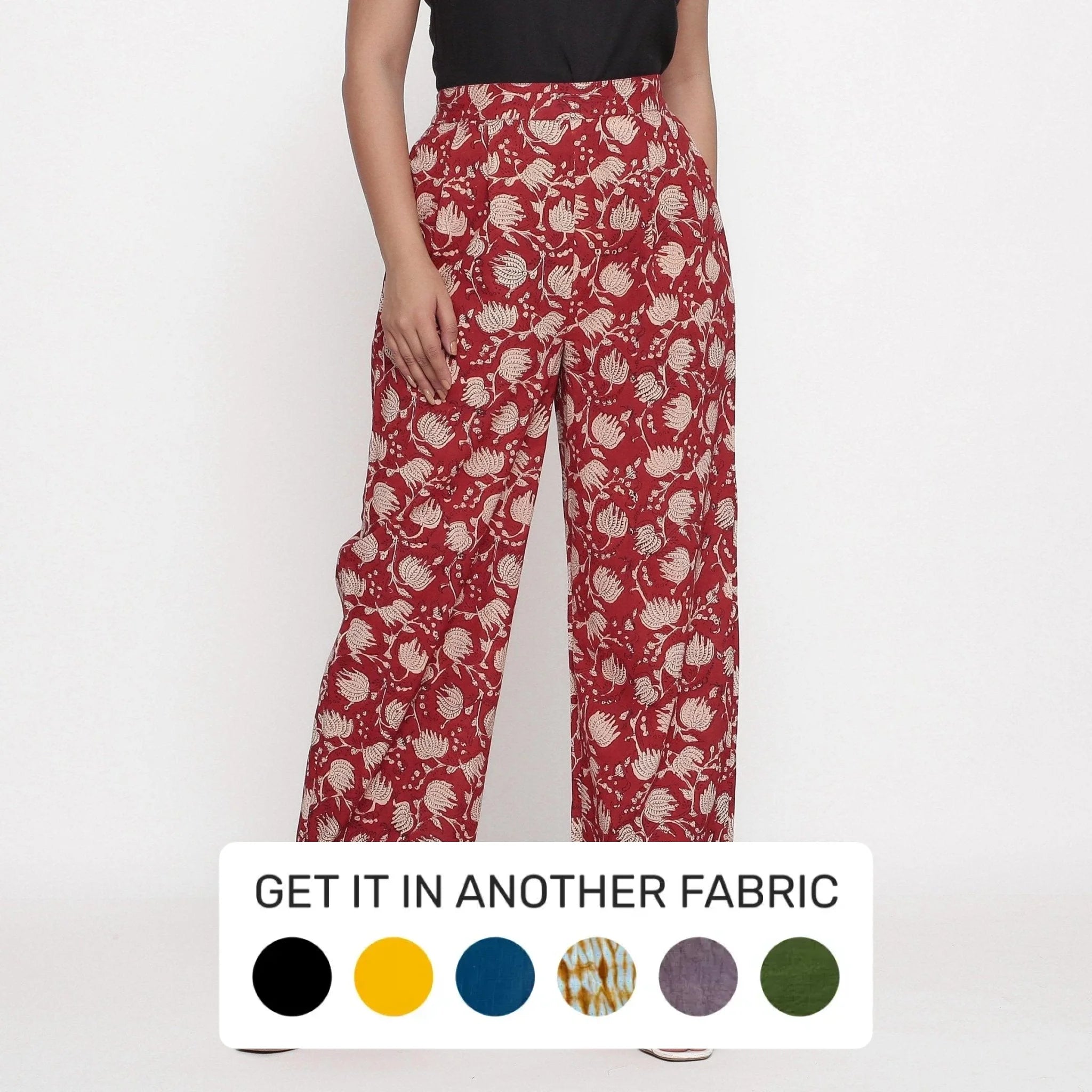 Plus Size Women's Patchwork - Design Jeans for a Unique AppearanceBrick Red Block Print Elasticated Wide Legged Cotton Pant Plus Size Women's Patchwork - Design Jeans for a Unique AppearanceBrick Red Block Print Elasticated Wide Legged Cotton Pant