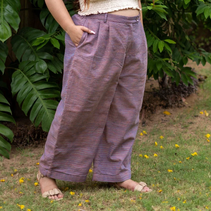 Straight - Leg Women's Vegan Leather Pants for a Chic LookPurple Stripes 100% Cotton High-Rise Elasticated Baggy Pant Straight - Leg Women's Vegan Leather Pants for a Chic LookPurple Stripes 100% Cotton High-Rise Elasticated Baggy Pant