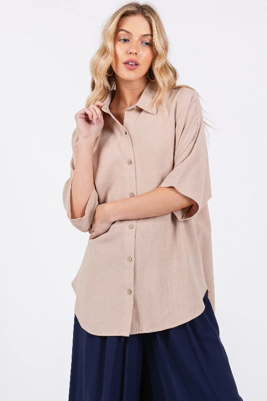 sleep - friendly women nursing braBeige Linen Dolman Half Sleeve Button Down Top