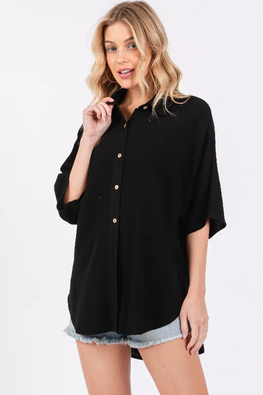 wireless breathable women nursing braBlack Linen Dolman Half Sleeve Button Down Top