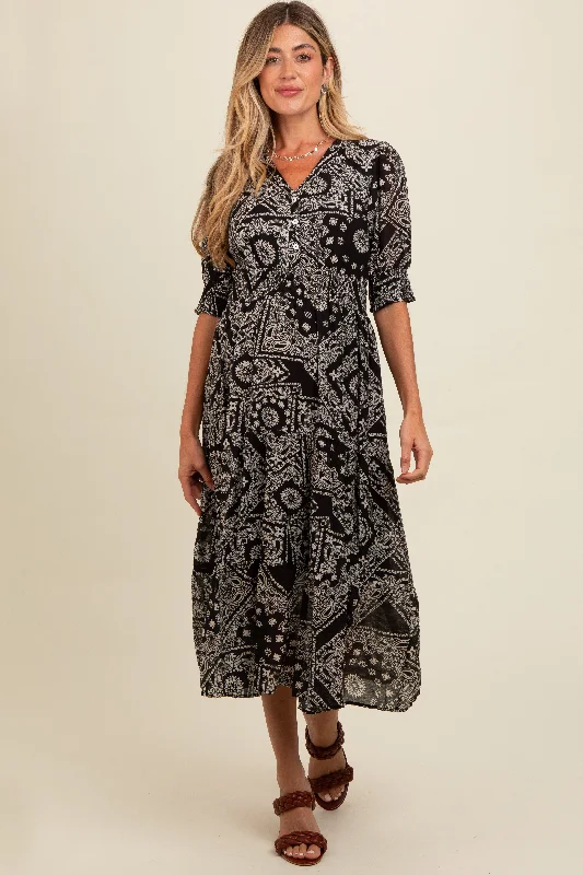coordinating women nursing bra with maternity wearBlack Paisley Button Front V-Neck Tiered Maternity Midi Dress coordinating women nursing bra with maternity wearBlack Paisley Button Front V-Neck Tiered Maternity Midi Dress