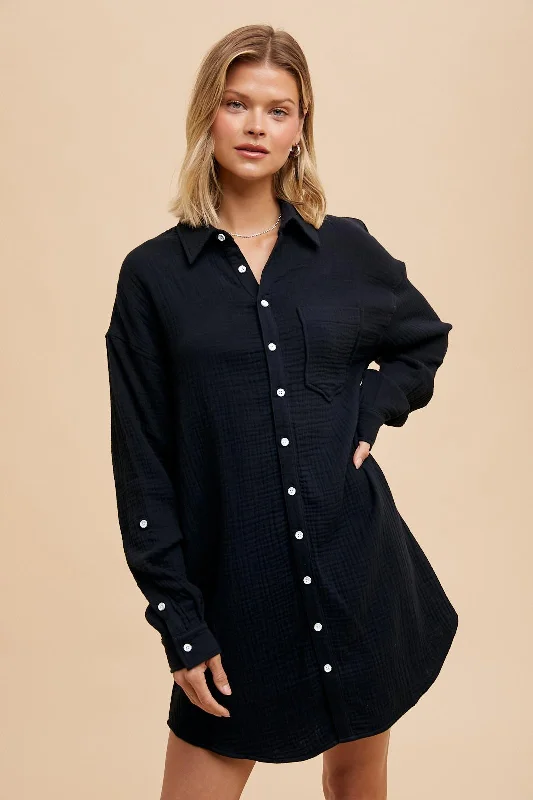 padded cup women nursing braBlack Rolled Cuff Button Down Dress