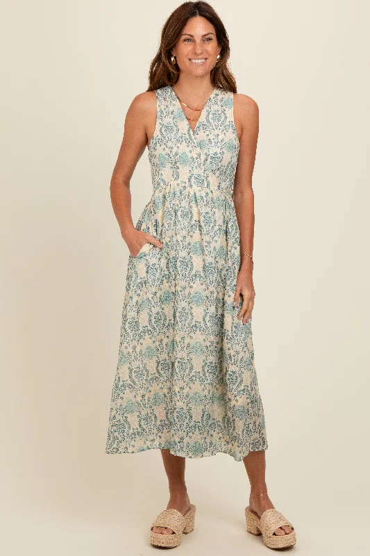 nursing bra for working momsBlue Floral Damask Wrap Midi Dress