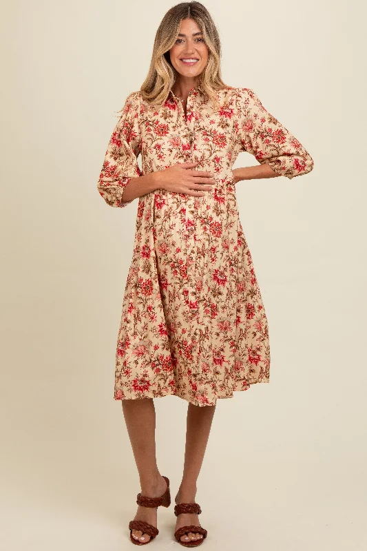 nursing bra for stay - at - home momsCream Floral Button Down Maternity Midi Dress