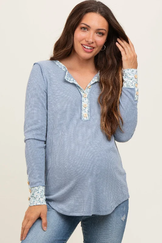 breathable fabric women nursing braLight Blue Floral Accent Maternity Henley Top