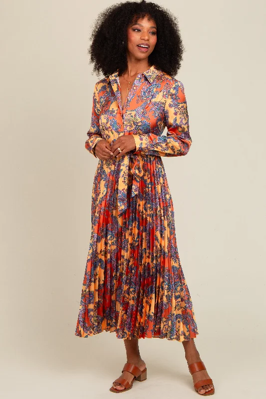 postpartum women nursing braOrange Paisley Print Pleated Button Down Midi Dress