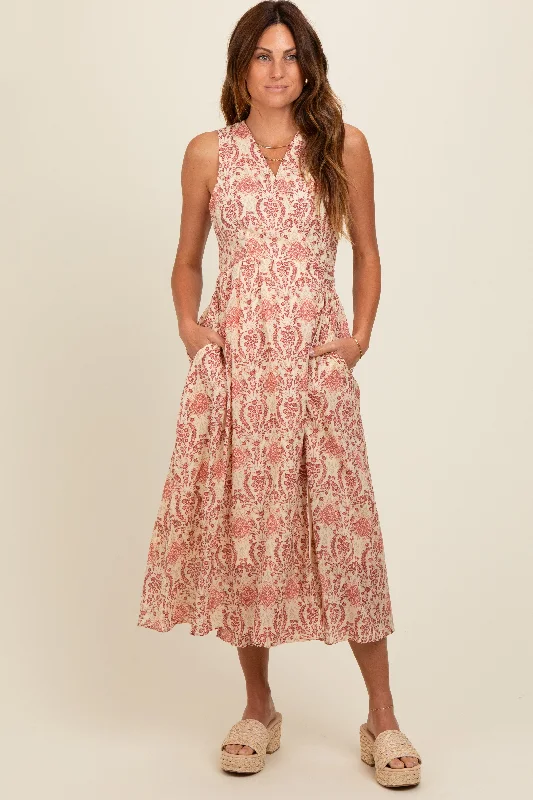 printed pattern women nursing braRed Floral Damask Wrap Midi Dress
