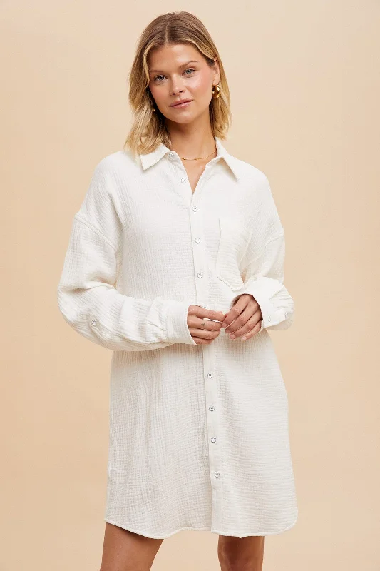 celebrity recommended women nursing braWhite Rolled Cuff Button Down Dress