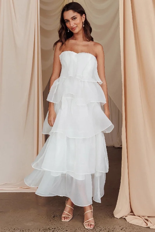 Ball Gown Women Dress with a Full Skirt for a Princess - like LookBehati Tiered Layer Midi Dress White Ball Gown Women Dress with a Full Skirt for a Princess - like LookBehati Tiered Layer Midi Dress White