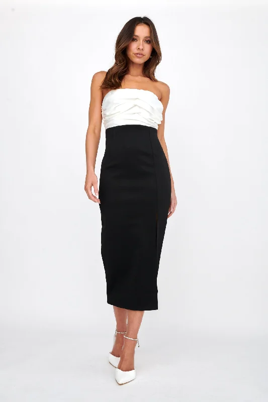 Mermaid - Style Women Dress with a Fitted Silhouette for Special OccasionsBrandi Strapless Split Midi Dress White/Black Mermaid - Style Women Dress with a Fitted Silhouette for Special OccasionsBrandi Strapless Split Midi Dress White/Black