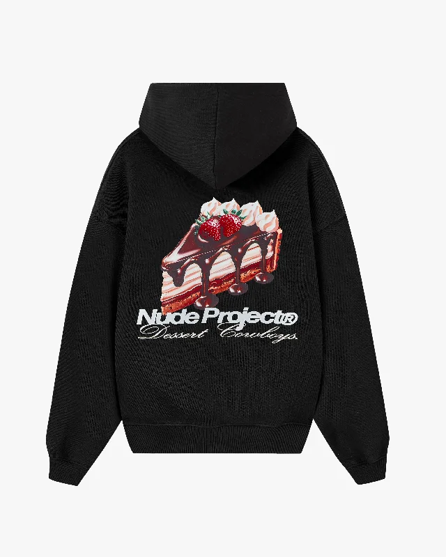 Women's hoodie with a kangaroo pocket and a pom - pom drawstring for added charmLA TARTE HOOD BLACK Women's hoodie with a kangaroo pocket and a pom - pom drawstring for added charmLA TARTE HOOD BLACK