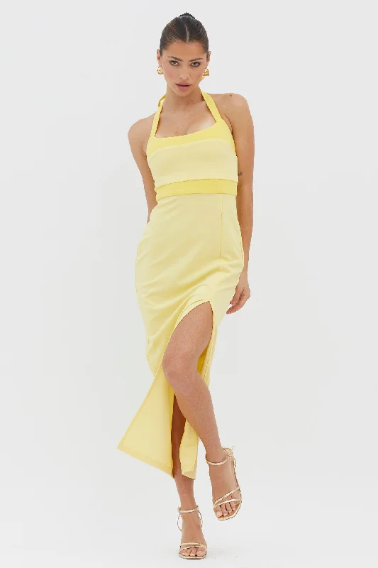 Strapless Women Dress with a Built - in Bra for Comfort and SupportCanary Islands Halterneck Midi Dress Yellow Strapless Women Dress with a Built - in Bra for Comfort and SupportCanary Islands Halterneck Midi Dress Yellow