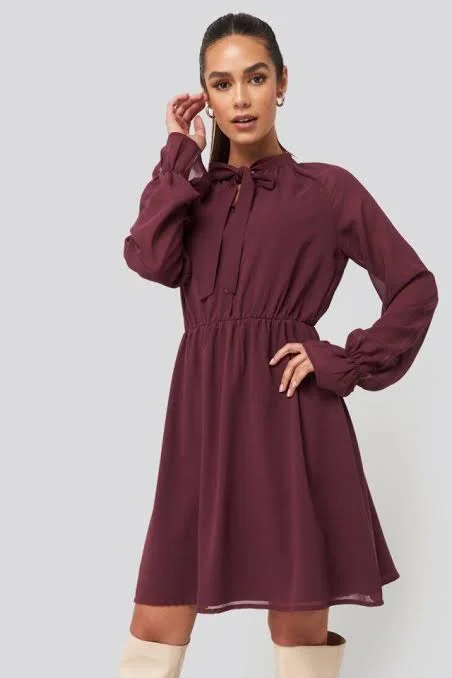 Wrap - Style Women Dress with Adjustable Fit for All Body TypesChiffon Buttoned Dress Burgundy Wrap - Style Women Dress with Adjustable Fit for All Body TypesChiffon Buttoned Dress Burgundy