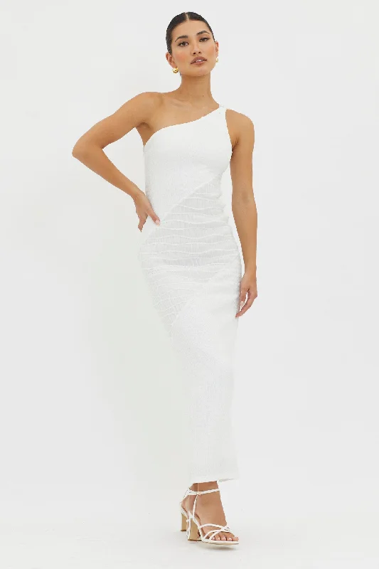 Maxi Women Dress with Floral Print for a Bohemian VibeClean Slate One-Shoulder Smocked Midi Dress White Maxi Women Dress with Floral Print for a Bohemian VibeClean Slate One-Shoulder Smocked Midi Dress White