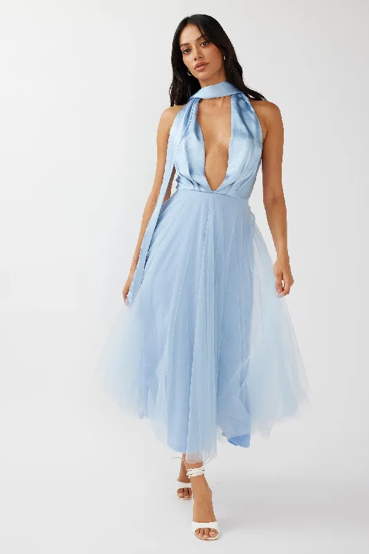 Plus Size Women Dress with a Flattering A - Line Cut for Comfort and StyleDarci Plunging Neckline Tulle Midi Dress Blue Plus Size Women Dress with a Flattering A - Line Cut for Comfort and StyleDarci Plunging Neckline Tulle Midi Dress Blue