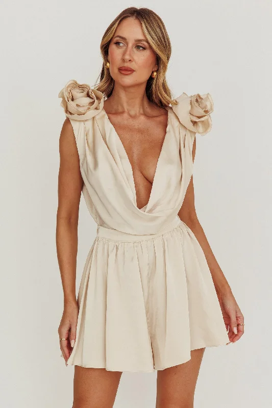 Ball Gown Women Dress with a Full Skirt for a Princess - like LookHallie Cowl Neck Rosette Romper Champagne Ball Gown Women Dress with a Full Skirt for a Princess - like LookHallie Cowl Neck Rosette Romper Champagne