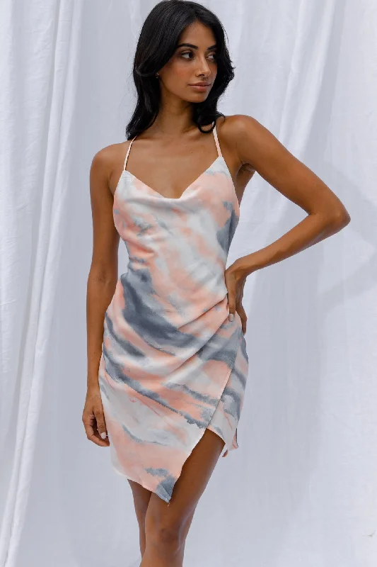 Empire Waist Women Dress to Accentuate the Bust and Conceal the WaistHey Girl Cowl Neck Wrap Front Mini Dress Tie-Dye Print Multi Empire Waist Women Dress to Accentuate the Bust and Conceal the WaistHey Girl Cowl Neck Wrap Front Mini Dress Tie-Dye Print Multi