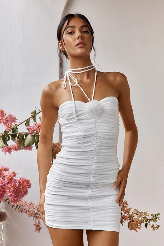 Pleated Women Dress with a Timeless and Elegant TextureIdris String Tie Rose Accent Mini Dress Off White Pleated Women Dress with a Timeless and Elegant TextureIdris String Tie Rose Accent Mini Dress Off White