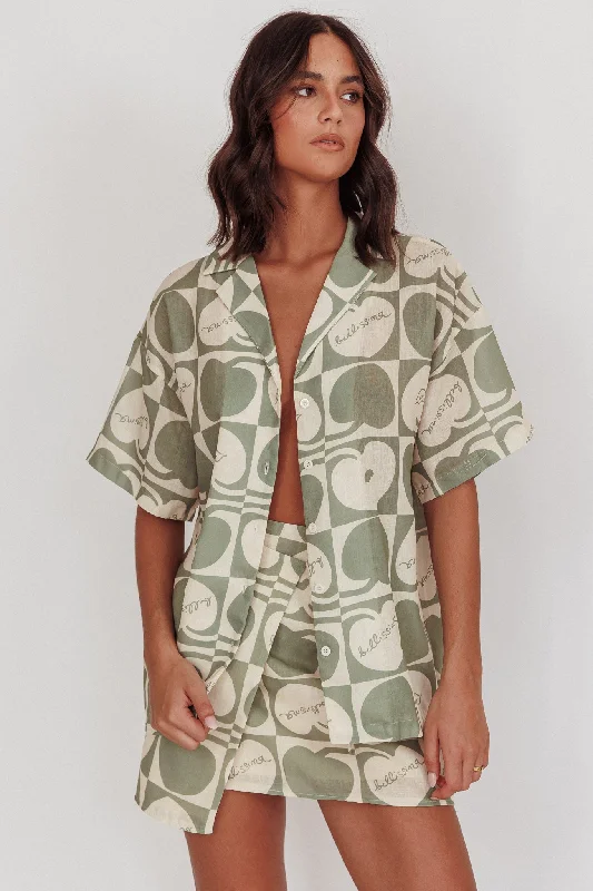 Sleeveless Women Dress in Bright Colors for Summer PartiesIthaca Cherry Print Short Sleeve Shirt Sage Beige Sleeveless Women Dress in Bright Colors for Summer PartiesIthaca Cherry Print Short Sleeve Shirt Sage Beige