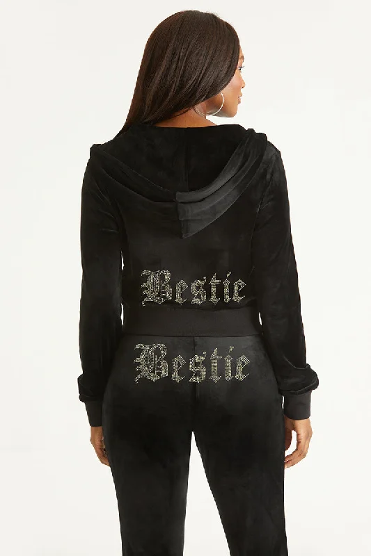 Women's hoodie with a kangaroo pocket and a pom - pom drawstring for added charmBestie Big Bling Velour Hoodie Women's hoodie with a kangaroo pocket and a pom - pom drawstring for added charmBestie Big Bling Velour Hoodie