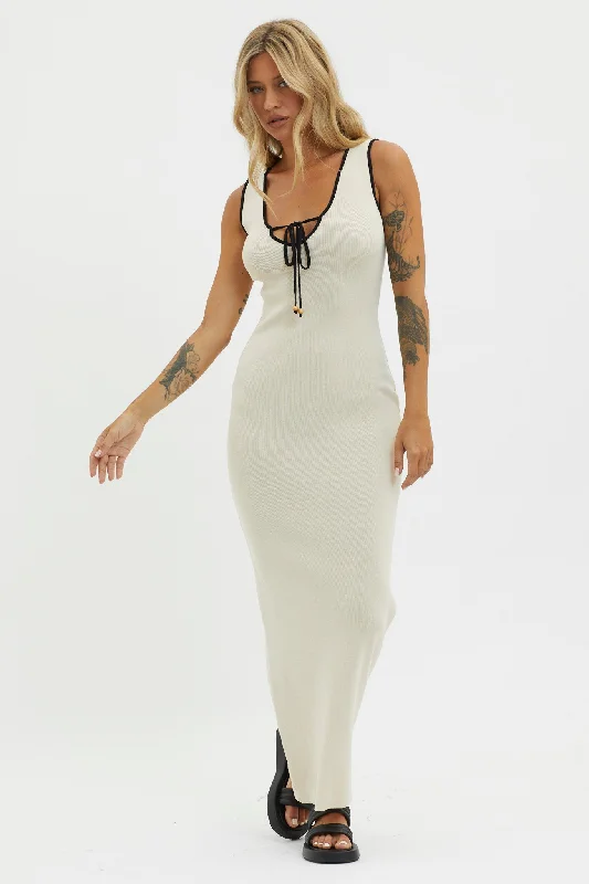 Plus Size Women Dress with a Flattering A - Line Cut for Comfort and StyleKaryssa Tied Bust Knit Maxi Dress Sand Plus Size Women Dress with a Flattering A - Line Cut for Comfort and StyleKaryssa Tied Bust Knit Maxi Dress Sand