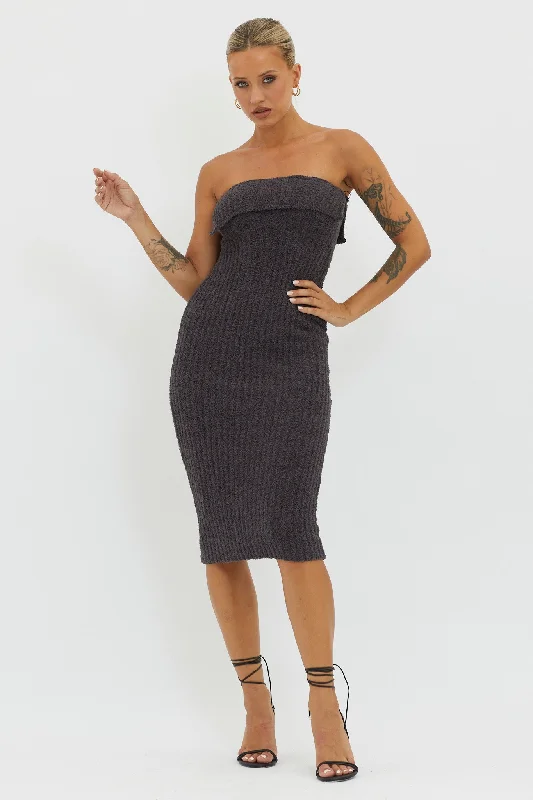 Plus Size Women Dress with a Flattering A - Line Cut for Comfort and StyleLupita Foldover Ribbed Knit Midi Dress Charcoal Plus Size Women Dress with a Flattering A - Line Cut for Comfort and StyleLupita Foldover Ribbed Knit Midi Dress Charcoal