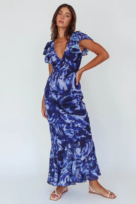 Mermaid - Style Women Dress with a Fitted Silhouette for Special OccasionsLydiah Ruffle Sleeve Maxi Dress Floral Blue Mermaid - Style Women Dress with a Fitted Silhouette for Special OccasionsLydiah Ruffle Sleeve Maxi Dress Floral Blue