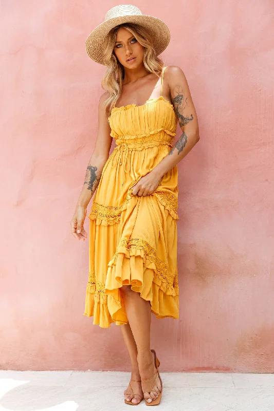 Strapless Women Dress with a Built - in Bra for Comfort and SupportMeet You There Crochet & Frill Trim Detail Midi Dress Mustard Strapless Women Dress with a Built - in Bra for Comfort and SupportMeet You There Crochet & Frill Trim Detail Midi Dress Mustard