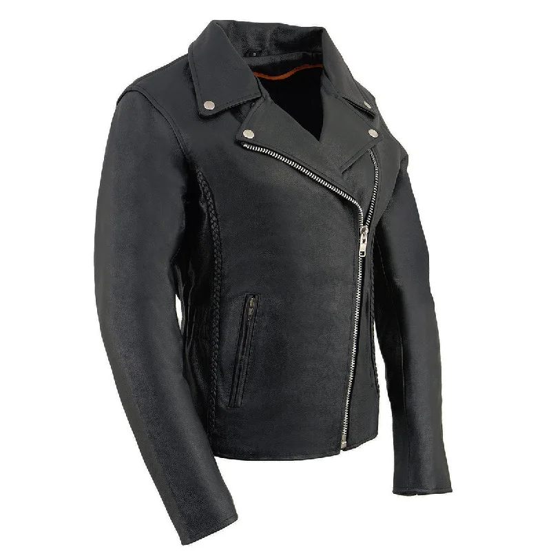 Women's faux fur - trimmed denim jackets for a trendy and cozy styleMilwaukee Leather LKL2710 Women's Classic Black Braided Motorcycle Jacket with Studded Back Women's faux fur - trimmed denim jackets for a trendy and cozy styleMilwaukee Leather LKL2710 Women's Classic Black Braided Motorcycle Jacket with Studded Back