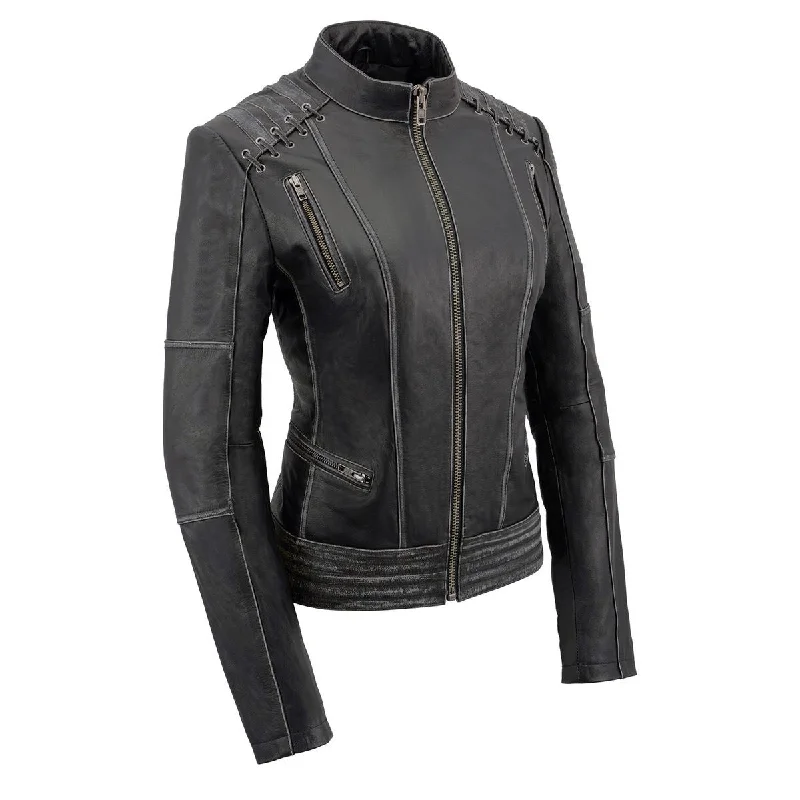 Women's quilted puffer jackets in a cropped silhouette for a modern twistMilwaukee Leather MLL2526 Women's 'Elegant' Distressed Gray Detail Laced Leather Jacket Women's quilted puffer jackets in a cropped silhouette for a modern twistMilwaukee Leather MLL2526 Women's 'Elegant' Distressed Gray Detail Laced Leather Jacket