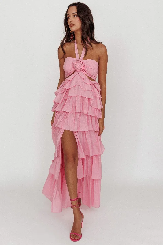 Lace - Embellished Women Dress for an Elegant and Sophisticated AppearanceMorpheus Ruffle Halterneck Maxi Dress Pink Lace - Embellished Women Dress for an Elegant and Sophisticated AppearanceMorpheus Ruffle Halterneck Maxi Dress Pink