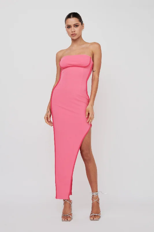 Plus Size Women Dress with a Flattering A - Line Cut for Comfort and StyleOctober Strapless Piping Midi Dress Hot Pink Plus Size Women Dress with a Flattering A - Line Cut for Comfort and StyleOctober Strapless Piping Midi Dress Hot Pink