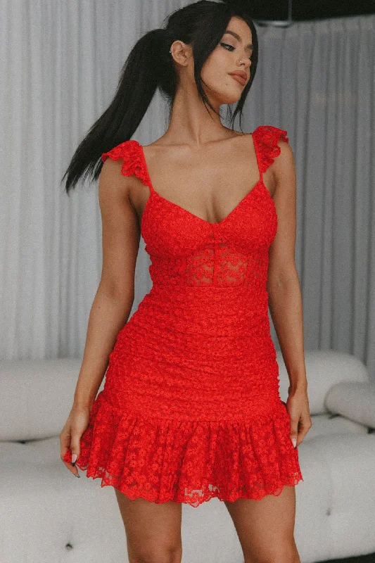 Halter Neck Women Dress to Show Off the Shoulders and NecklinePresley Embroidered Frill Dress Red Halter Neck Women Dress to Show Off the Shoulders and NecklinePresley Embroidered Frill Dress Red