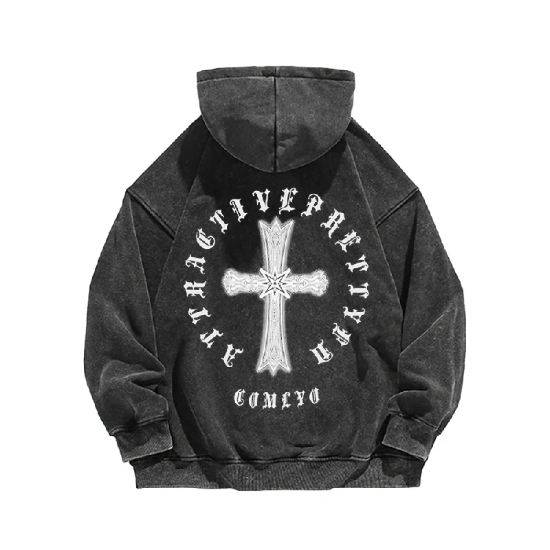 Women's long - sleeve cropped sweatshirt with ribbed cuffs for a snug fitRetro Cross Circle Washed Hoodie Women's long - sleeve cropped sweatshirt with ribbed cuffs for a snug fitRetro Cross Circle Washed Hoodie
