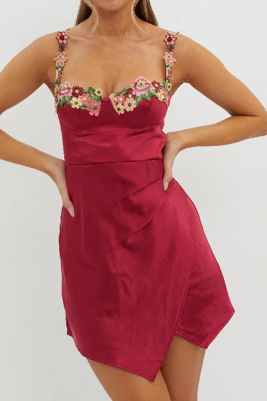 Lace - Embellished Women Dress for an Elegant and Sophisticated AppearanceRose Garden Floral Applique Wrap Mini Dress Merlot Lace - Embellished Women Dress for an Elegant and Sophisticated AppearanceRose Garden Floral Applique Wrap Mini Dress Merlot