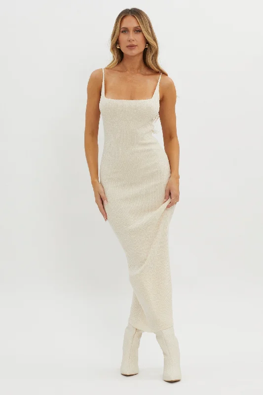 Plus Size Women Dress with a Flattering A - Line Cut for Comfort and StyleSai Ribbed Knit Midi Dress Ivory Plus Size Women Dress with a Flattering A - Line Cut for Comfort and StyleSai Ribbed Knit Midi Dress Ivory