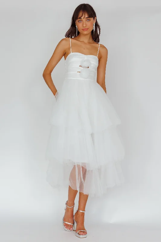 Ruffled Women Dress with Multiple Layers for a Playful and Girly StyleSeraphina Rose Bodice Tulle Midi Dress White Ruffled Women Dress with Multiple Layers for a Playful and Girly StyleSeraphina Rose Bodice Tulle Midi Dress White